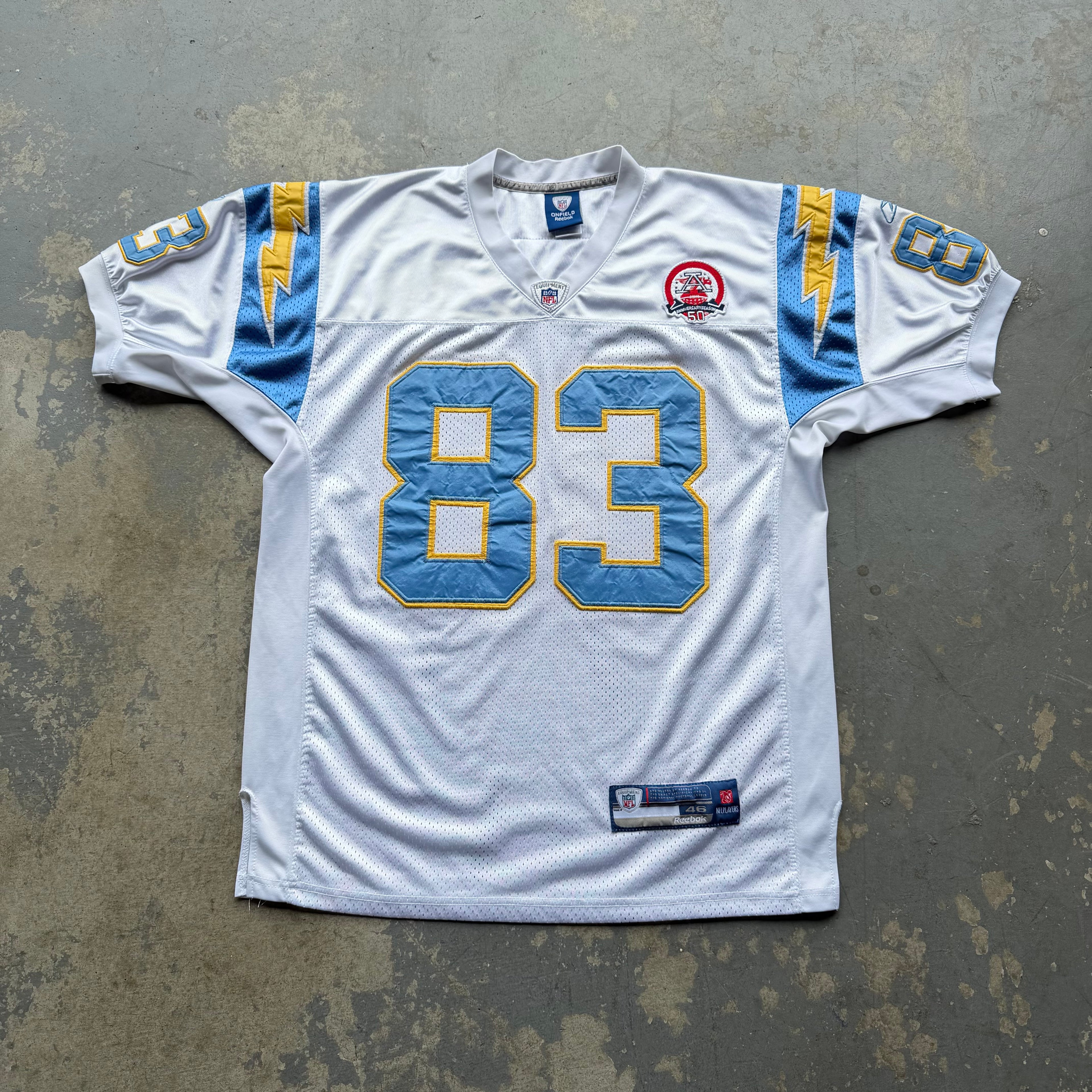 00’S REEBOK CHARGERS VINCENT JACKSON 50TH ANNIVERSARY SEASON PATCH AWAY JERSEY (46) L