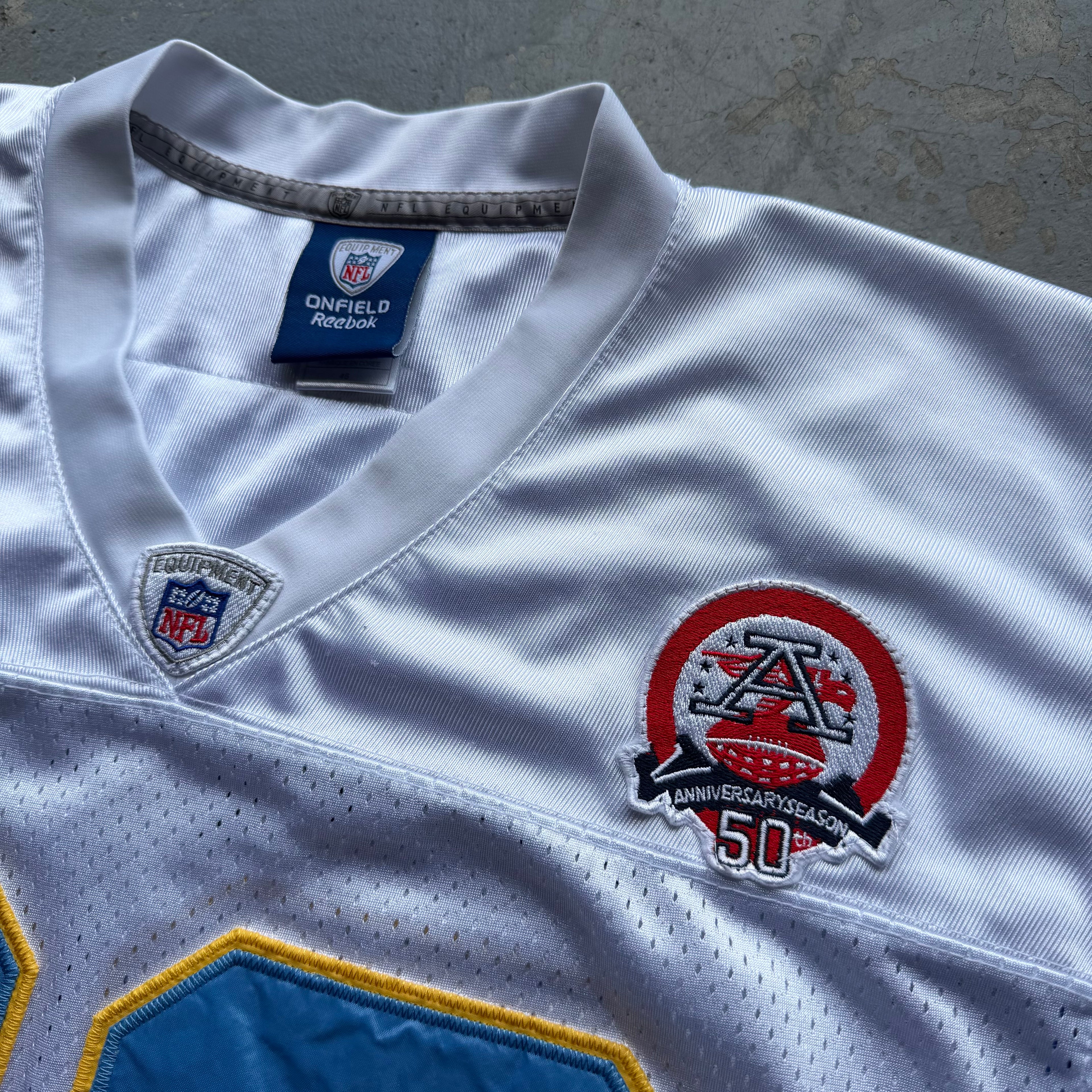 00’S REEBOK CHARGERS VINCENT JACKSON 50TH ANNIVERSARY SEASON PATCH AWAY JERSEY (46) L