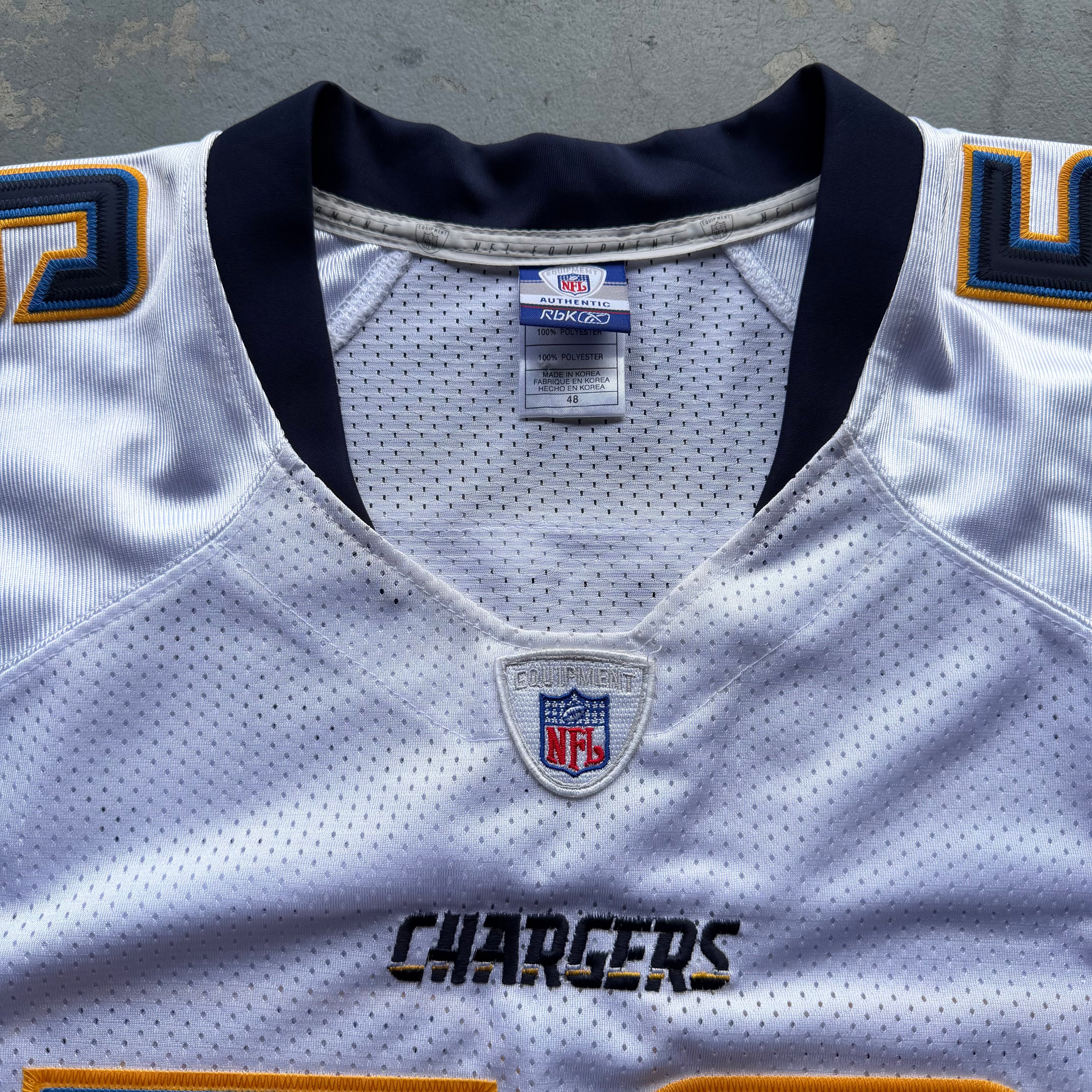 00’S REEBOK CHARGERS SHAWN MERRIMAN WHITE ROAD AWAY JERSEY (48) XL
