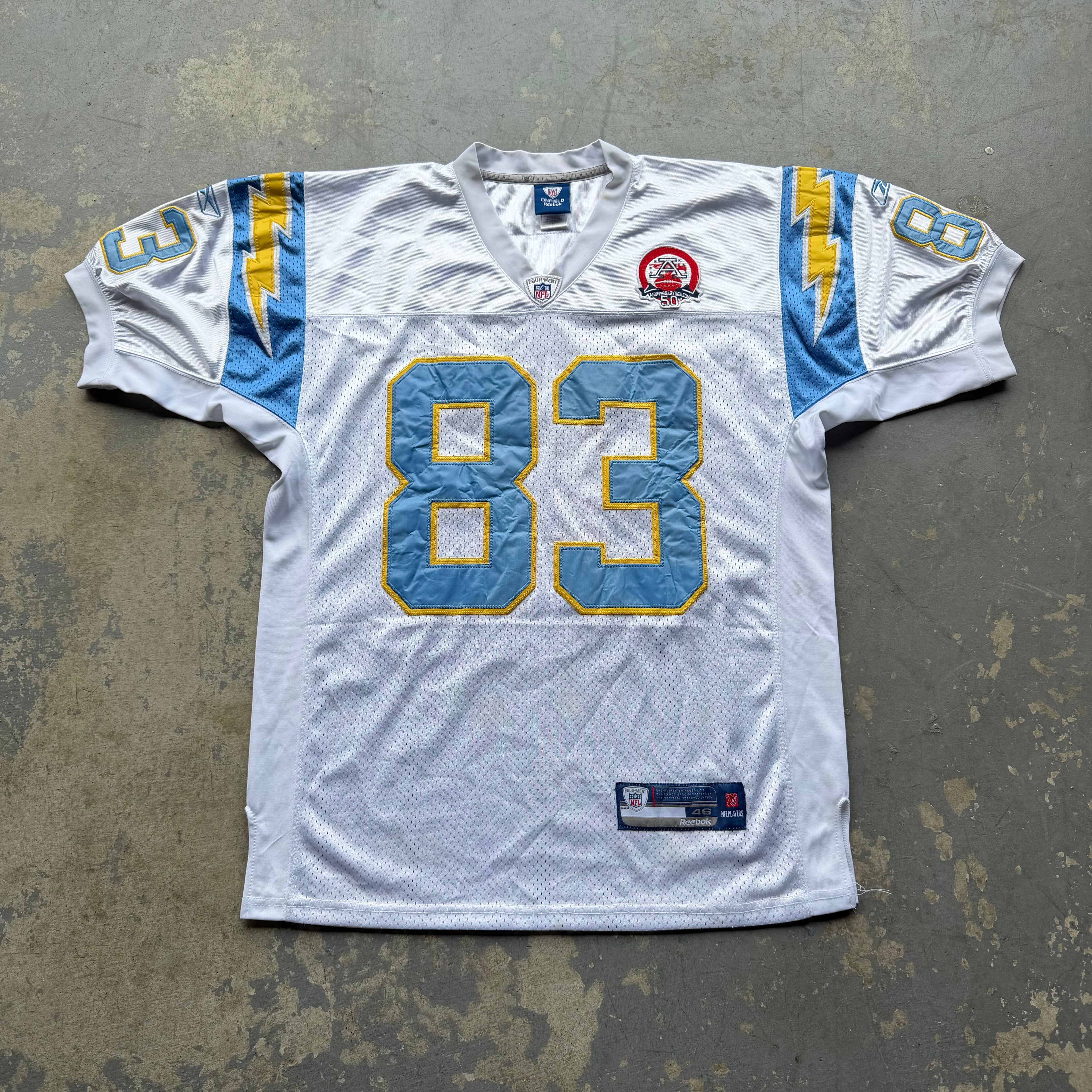 00’S REEBOK CHARGERS VINCENT JACKSON 50TH ANNIVERSARY SEASON PATCH JERSEY (46) L