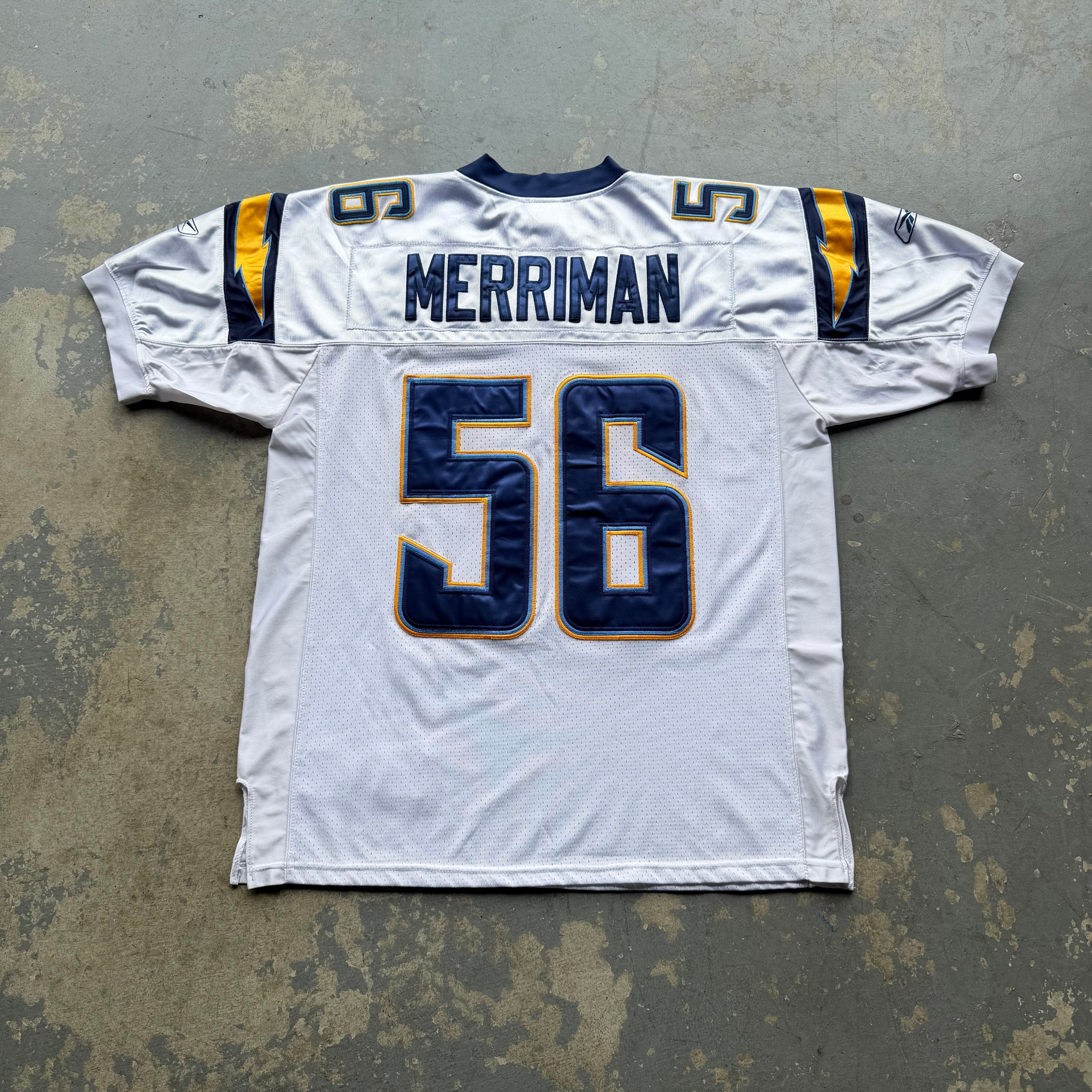 00’S REEBOK CHARGERS SHAWN MERRIMAN WHITE ROAD AWAY JERSEY (50) XL 25x31