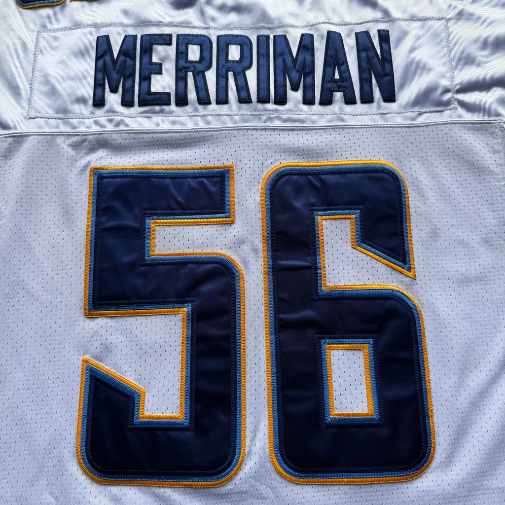 00’S REEBOK CHARGERS SHAWN MERRIMAN WHITE ROAD AWAY JERSEY (50) XL 25x31