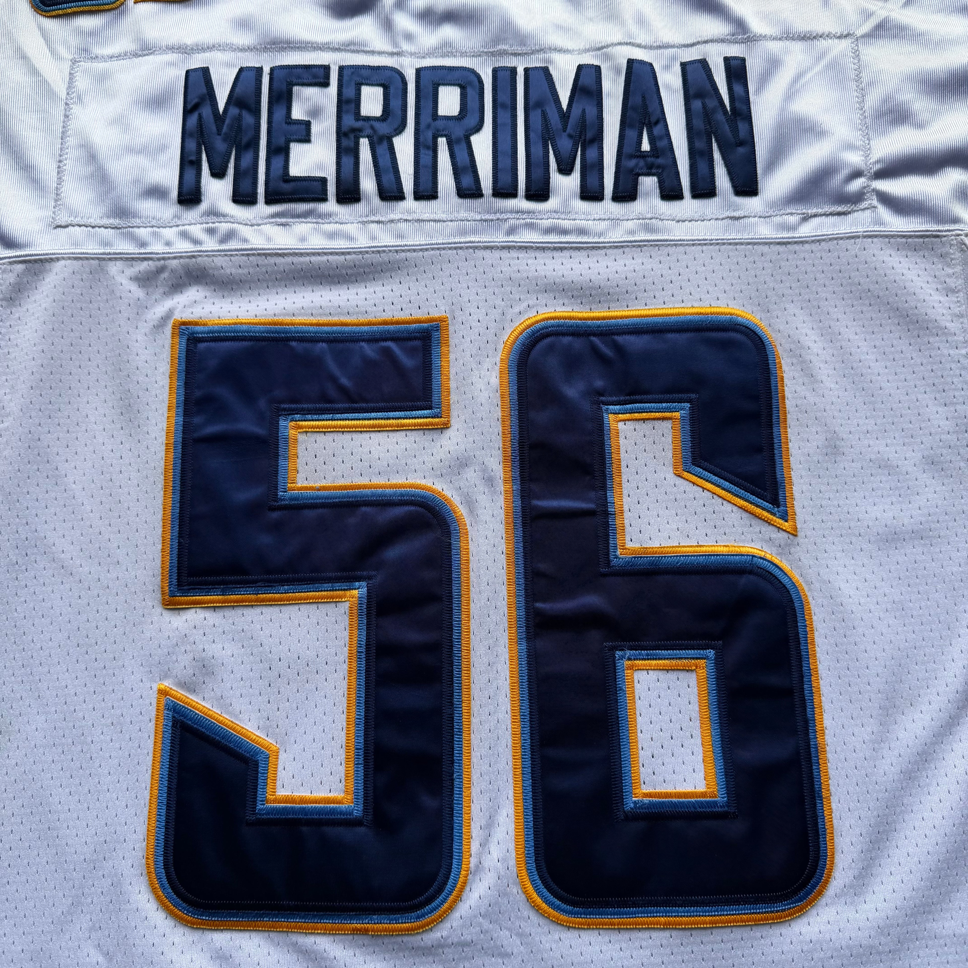 00’S REEBOK CHARGERS SHAWN MERRIMAN WHITE ROAD AWAY JERSEY (50) XL 25x31