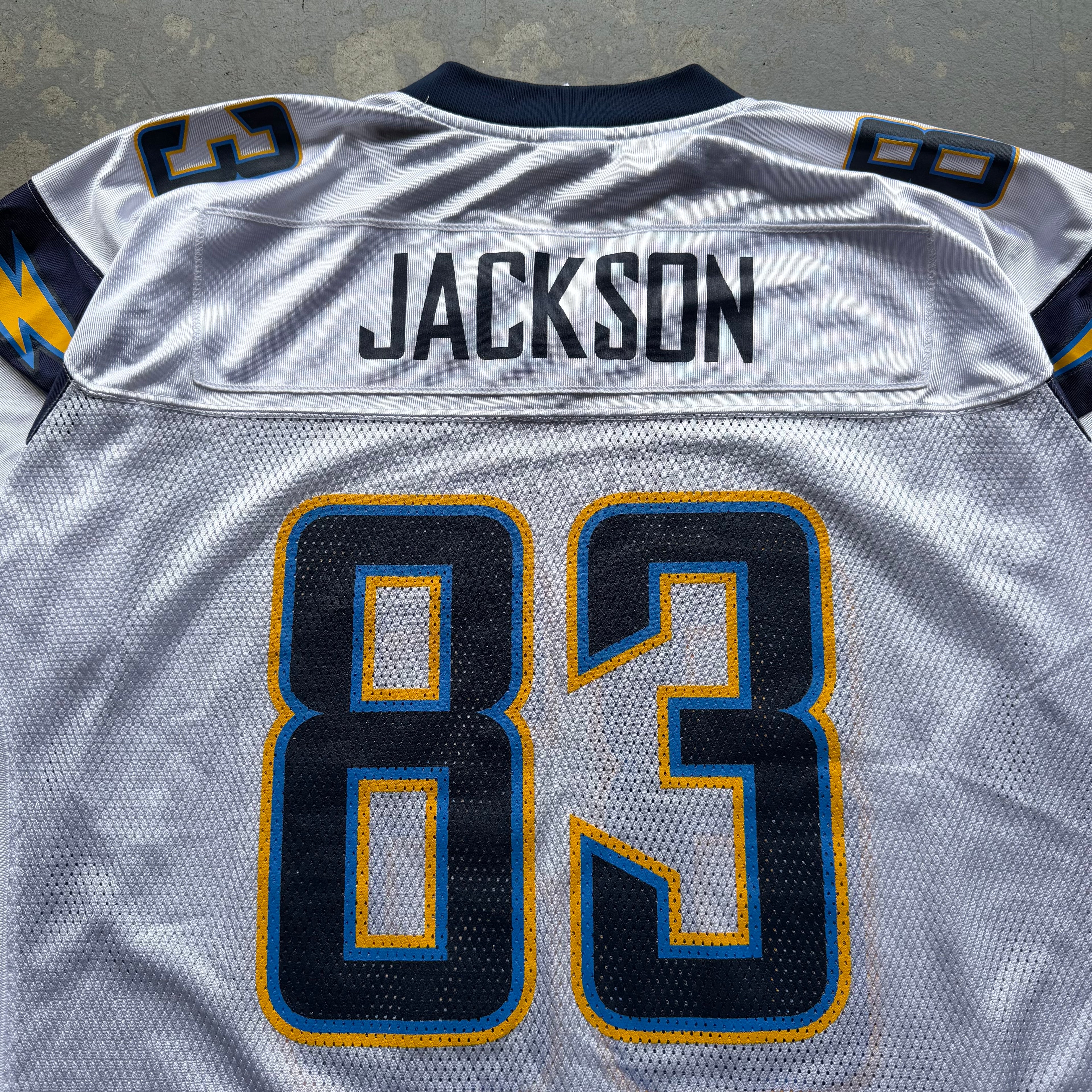 00’S REEBOK CHARGERS VINCENT JACKSON WHITE ROAD AWAY JERSEY (XL)