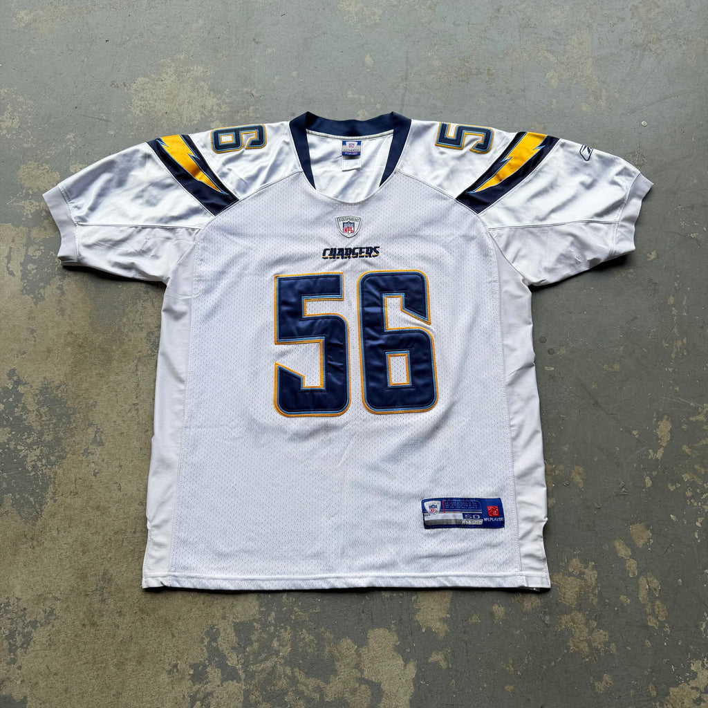 00’S REEBOK CHARGERS SHAWN MERRIMAN WHITE ROAD AWAY JERSEY (50) XL 25x31
