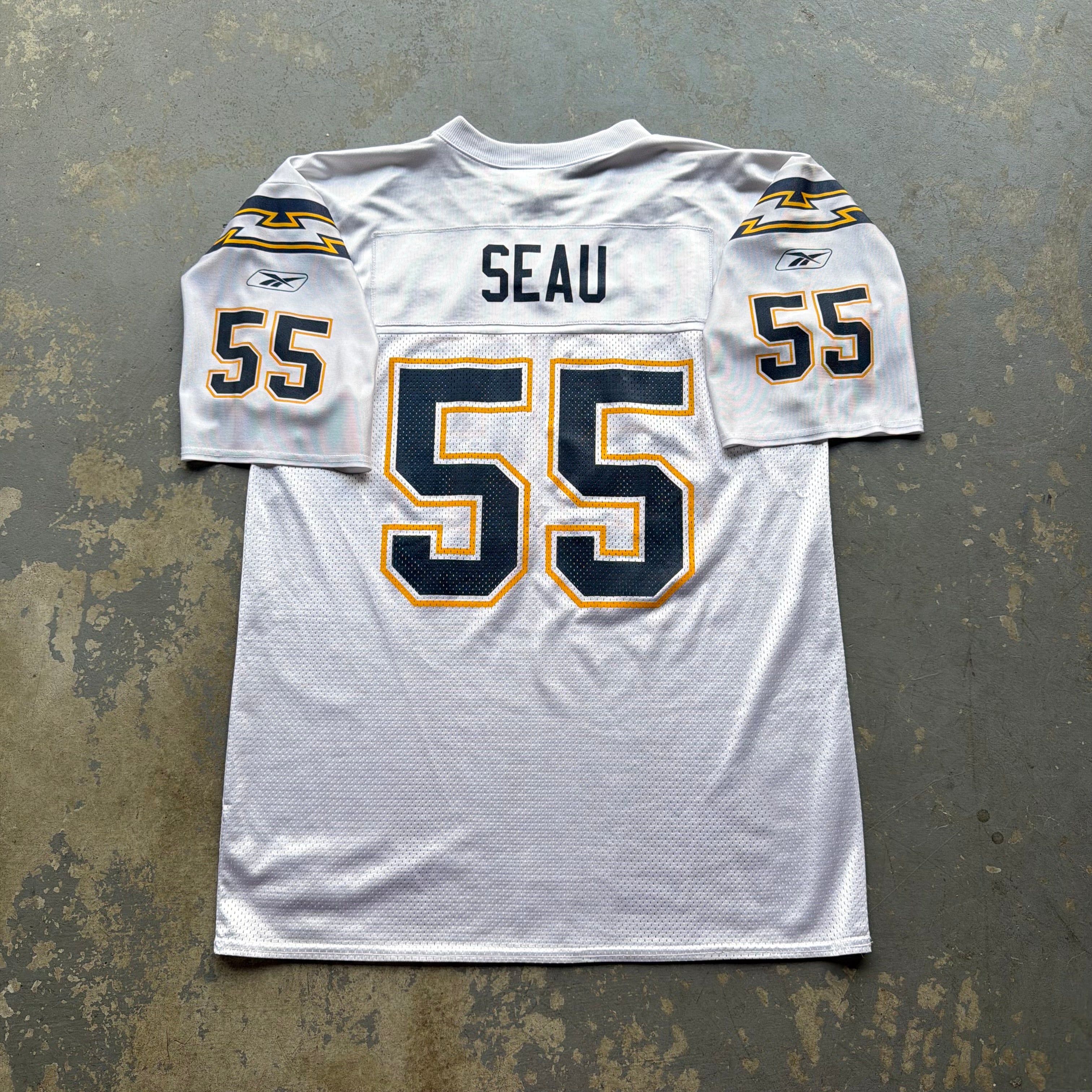 00’S REEBOK CHARGERS JUNIOR SEAU WHITE ROAD AWAY JERSEY (L)