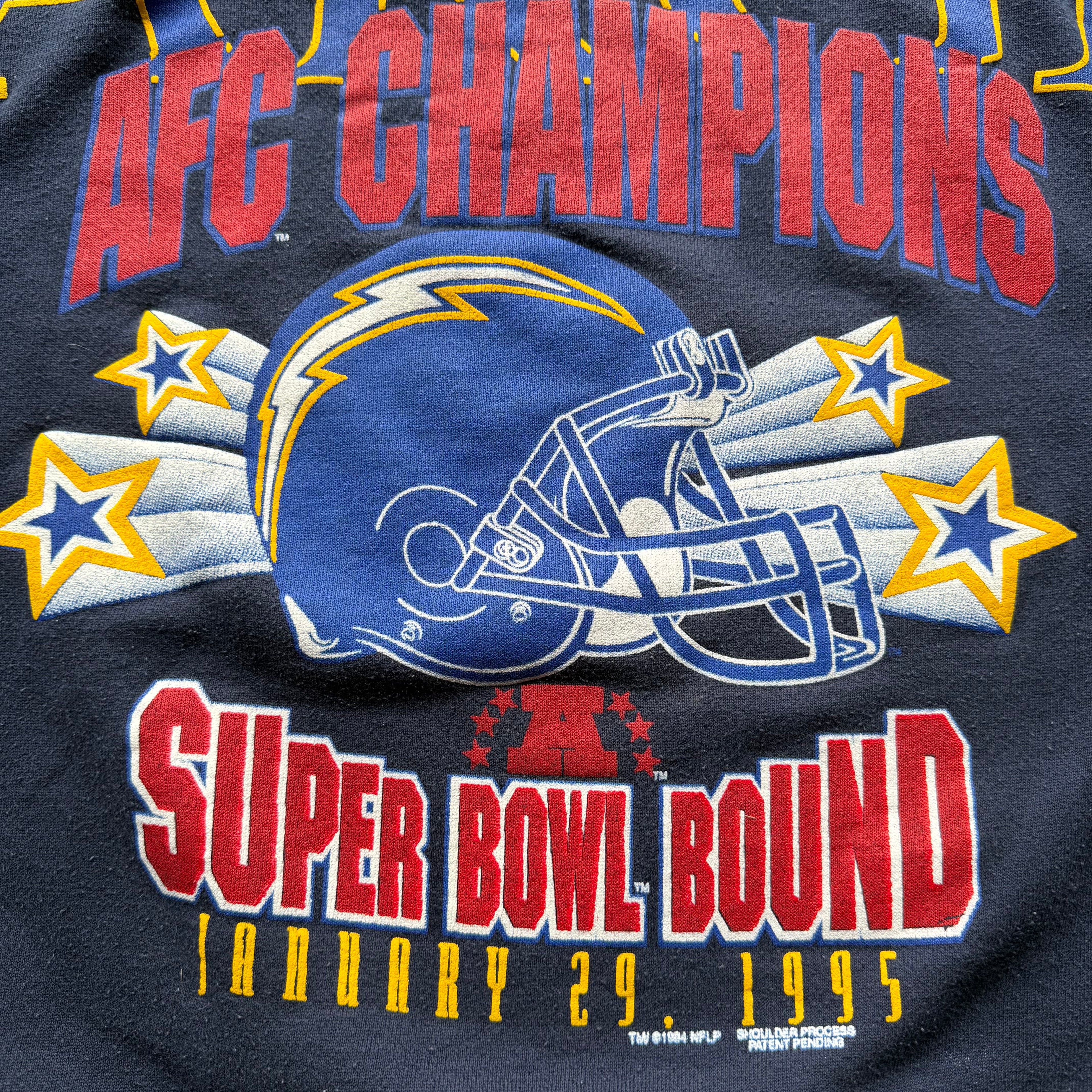 1995 CHARGERS AFC CHAMPIONS NAVY BLUE SPELLOUT CREWNECK (XL)