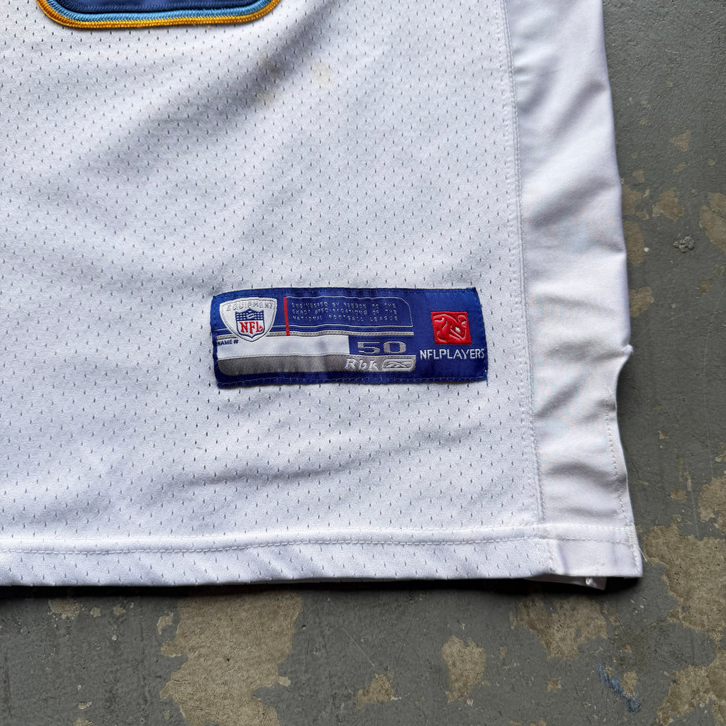 00’S REEBOK CHARGERS SHAWN MERRIMAN WHITE ROAD AWAY JERSEY (50) XL 25x31