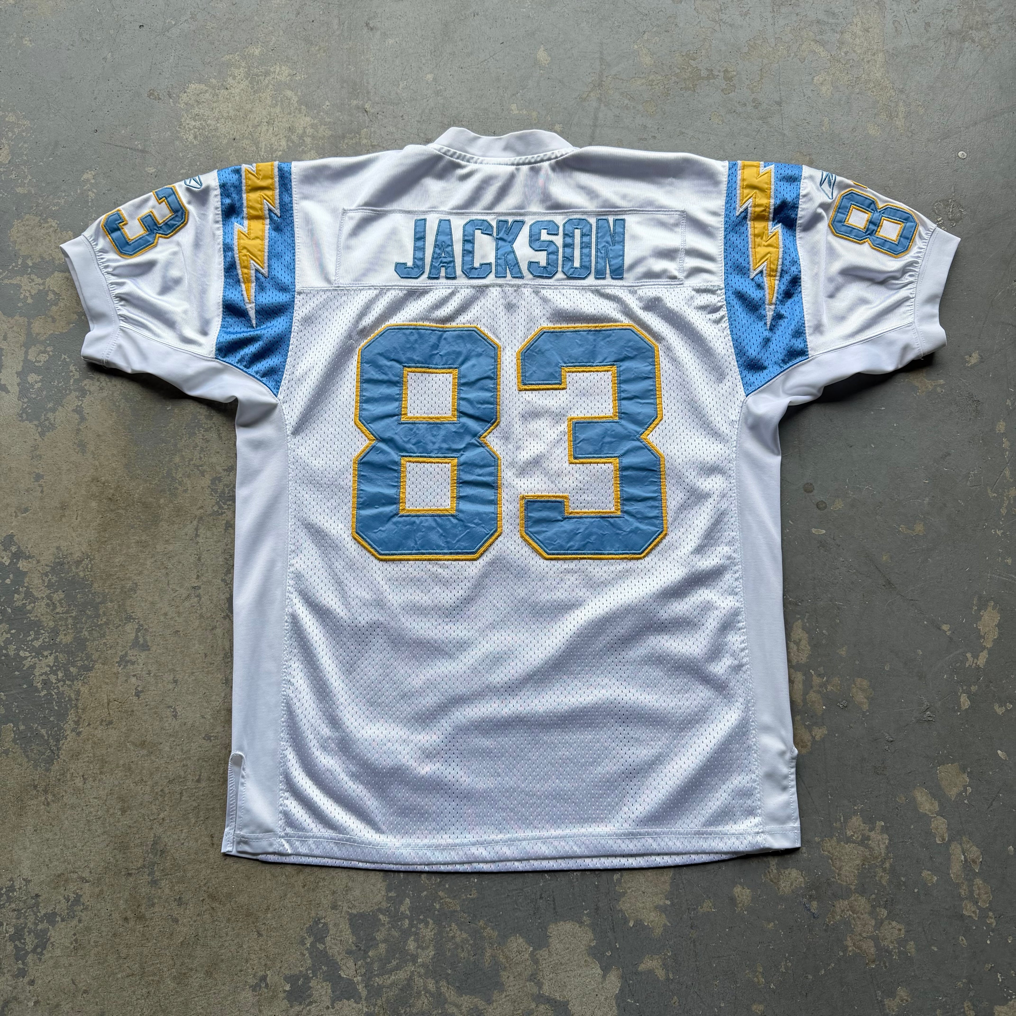 00’S REEBOK CHARGERS VINCENT JACKSON 50TH ANNIVERSARY SEASON PATCH AWAY JERSEY (46) L