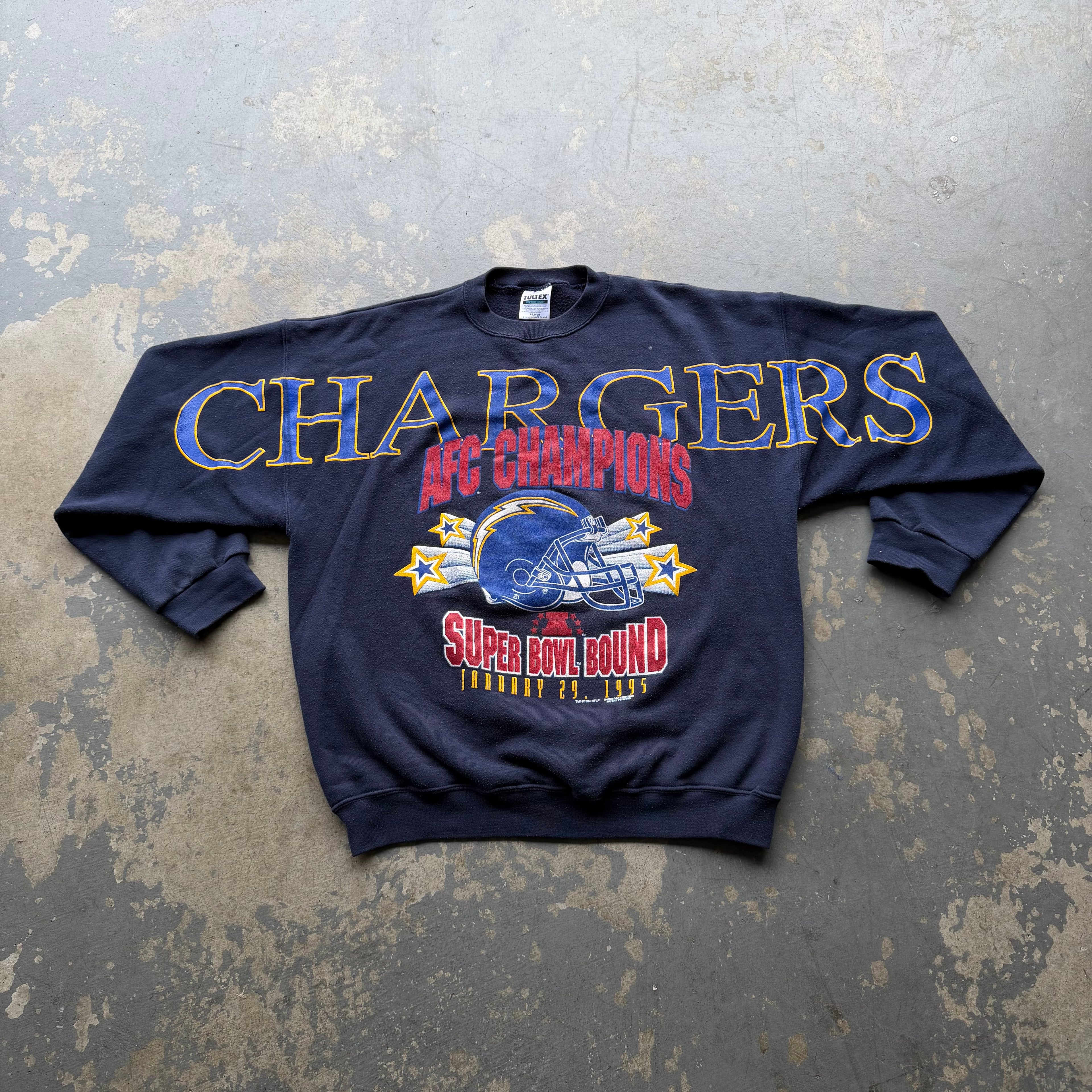 1995 CHARGERS AFC CHAMPIONS NAVY BLUE SPELLOUT CREWNECK (XL)