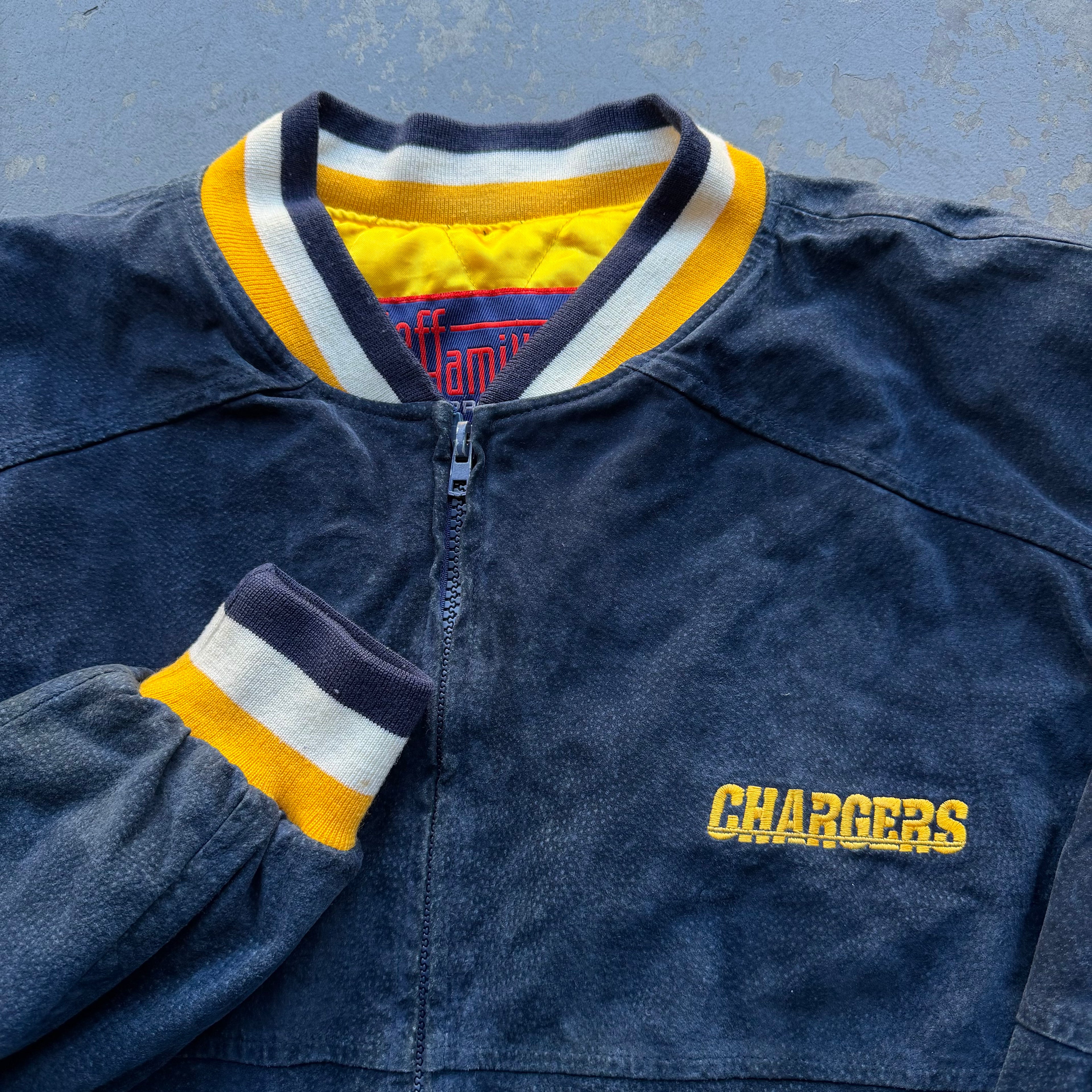 90’S JEFF HAMILTON CHARGERS SUEDE LEATHER JACKET (XXL)