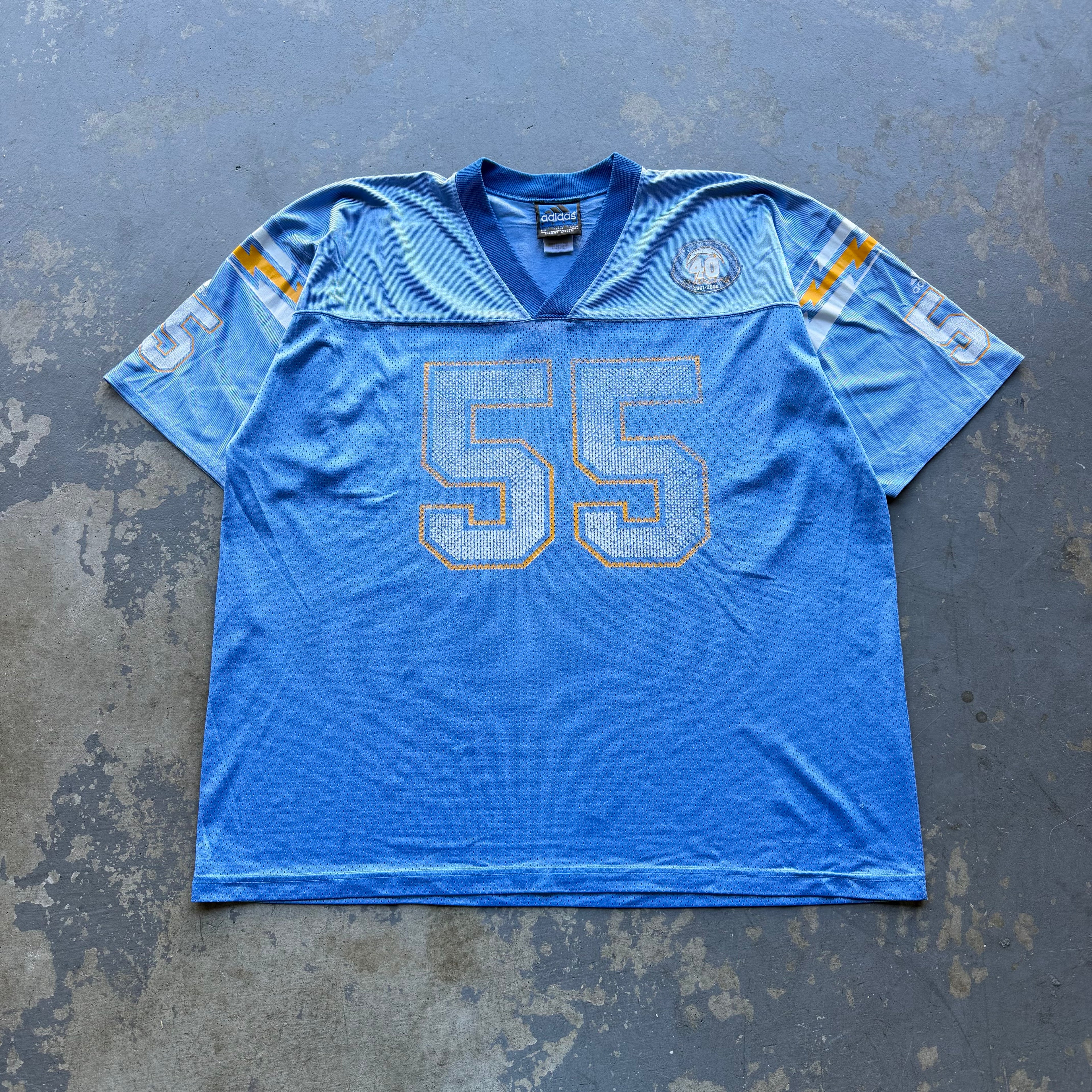 90’S JUNIOR SEAU CHARGERS ADIDAS POWDER BLUE 40TH ANNIVERSARY JERSEY (XXL)