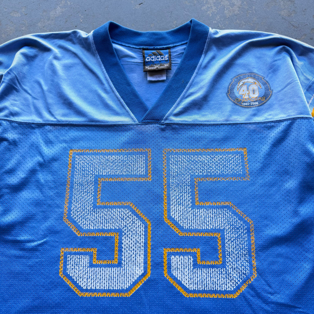 90’S JUNIOR SEAU CHARGERS ADIDAS POWDER BLUE 40TH ANNIVERSARY JERSEY (XXL)