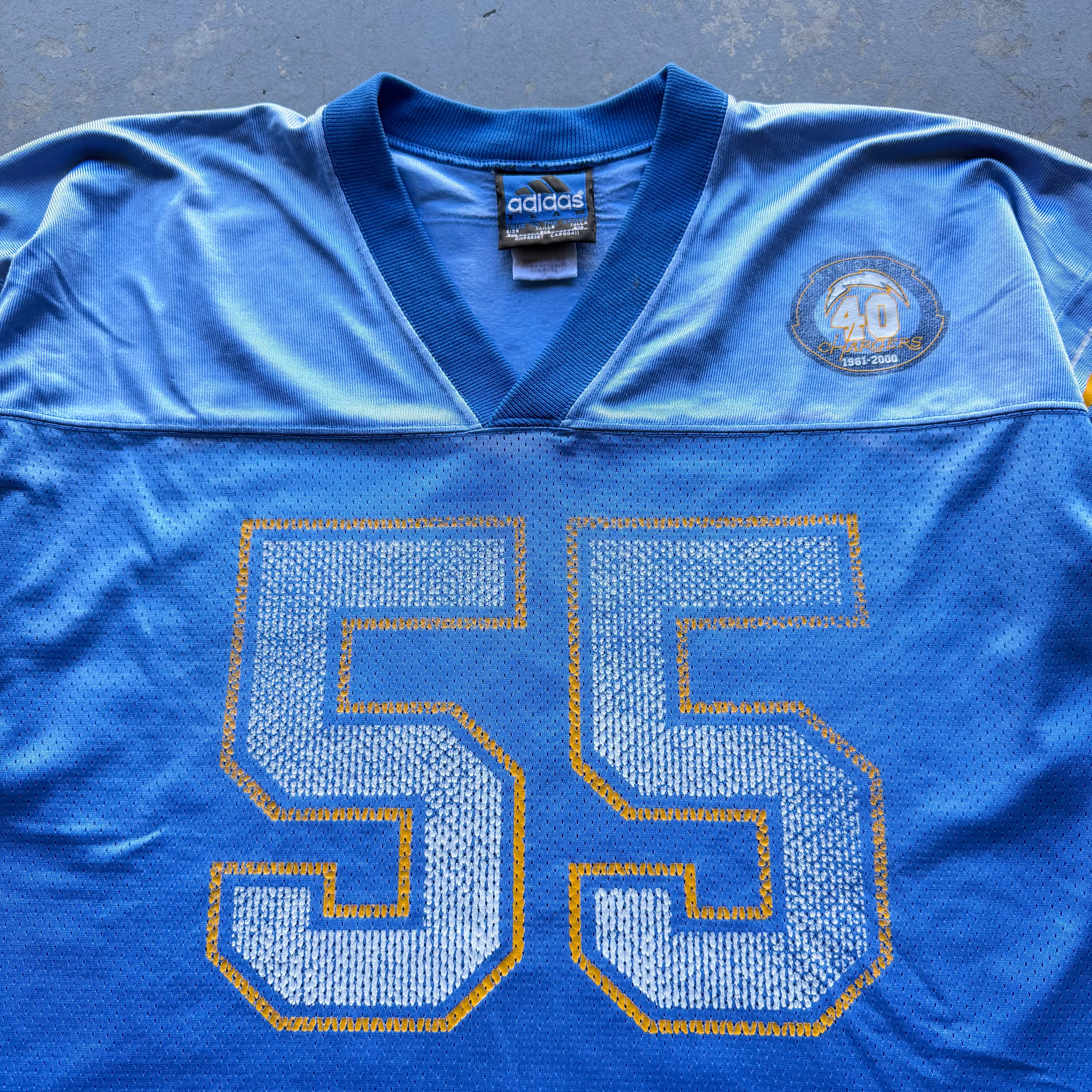 90’S JUNIOR SEAU CHARGERS ADIDAS POWDER BLUE 40TH ANNIVERSARY JERSEY (XXL)