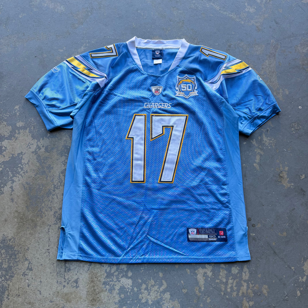 2009 PHILIP RIVERS CHARGERS POWDER BLUE 50TH ANNIVERSARY PATCH JERSEY (48) XL