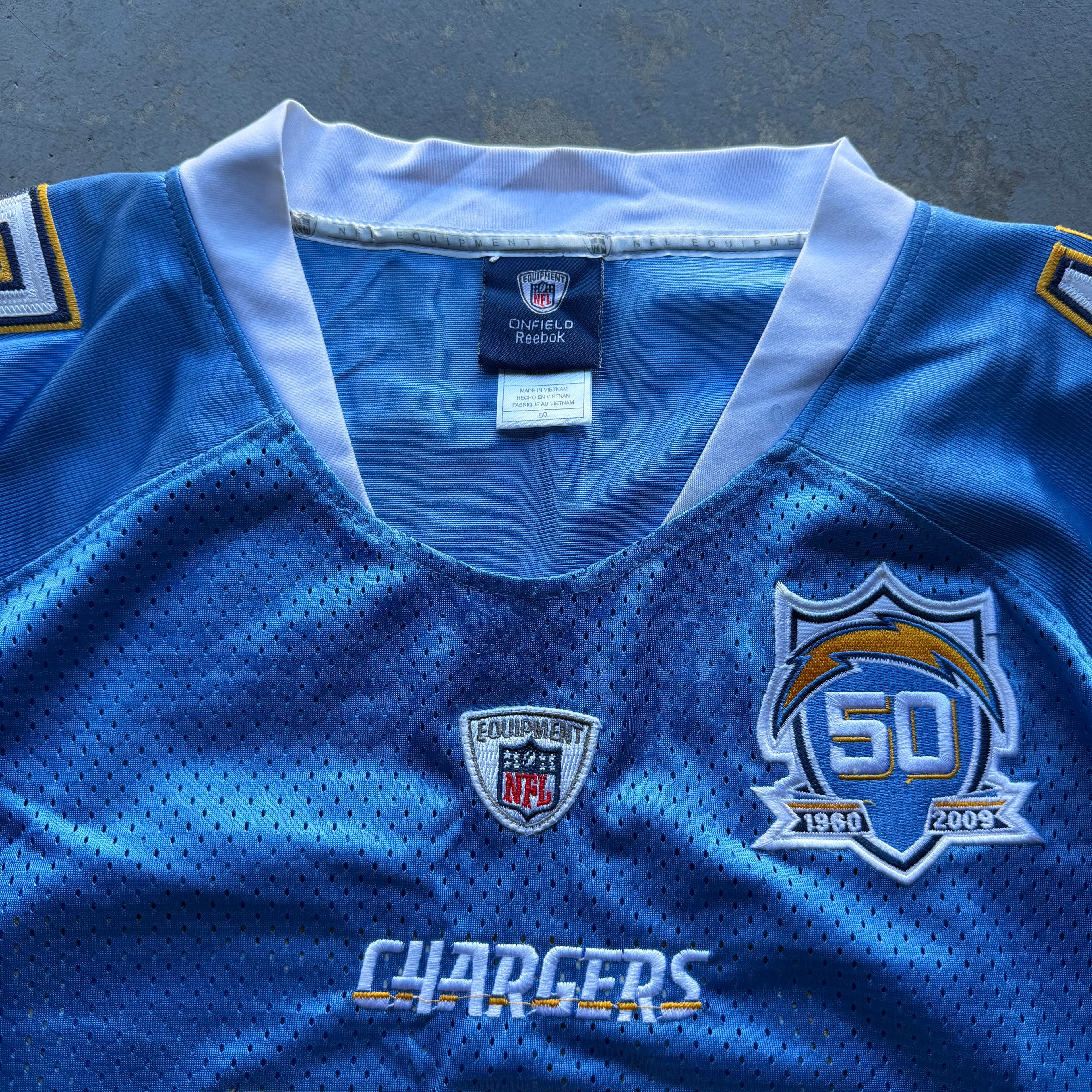2009 PHILIP RIVERS CHARGERS POWDER BLUE 50TH ANNIVERSARY PATCH JERSEY (48) XL
