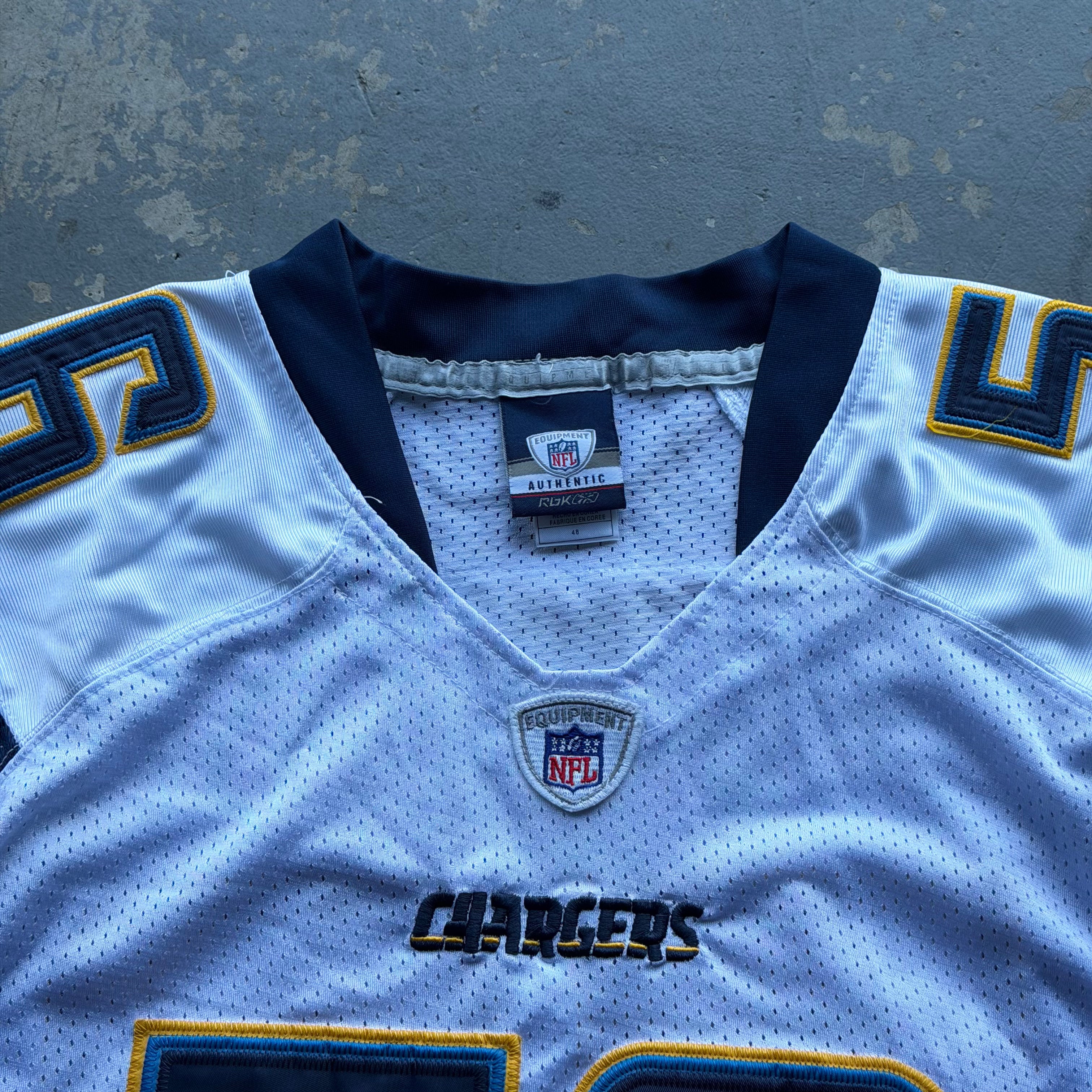 00’S REEBOK CHARGERS SHAWNE MERRIMAN WHITE AWAY JERSEY (48) XL